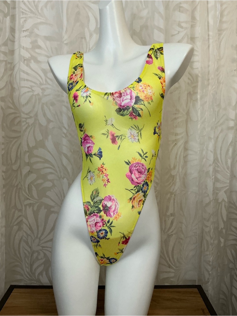 Vintage Yellow Floral Thong Sheer One-Piece Swimsuit